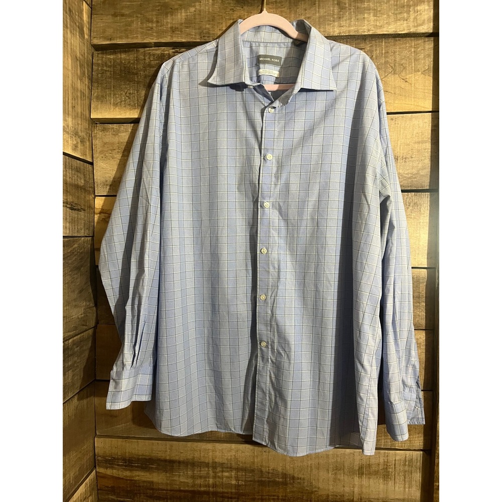 Michael Kors Mens Dress Shirt XXL 18.5 34/35 Blue Plaid Airsoft Stretch Non Iron